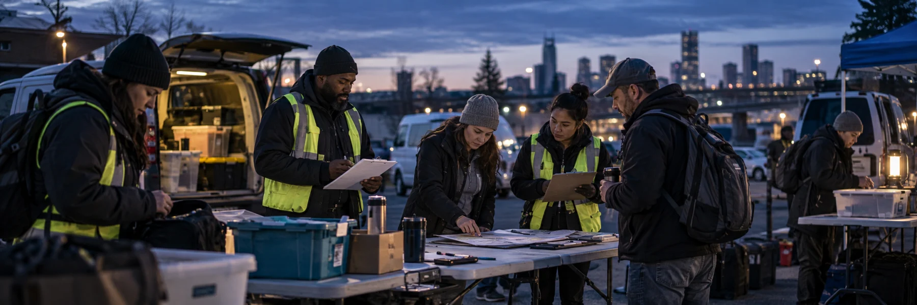 Outreach workers coordinating around a deployment table before sunrise